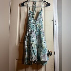 Nolita Floral Halter Romper in Teal, Gray, and Cream
